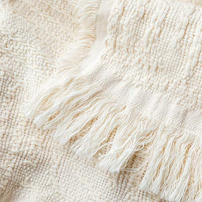 GLORY SEASON 100% Cotton Throw Blanket in Cream Jacqard Weave Fabric with Fringe Soft All Season Cover for Bed Couch and Living Room Sofa,Chair 50x60 Inches - color: Cream