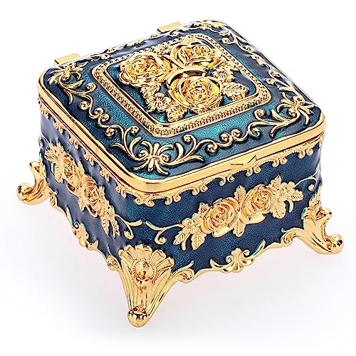 Hipiwe Small Vintage Jewelry Box - Metal Ring Holder with Engraved Rose | Trinket Organizer Case for Ring Earrings Necklace, Keepsake Box Birthday Christmas Gift for Women, 3"x3"x2.4" - color: Blue, size: Small
