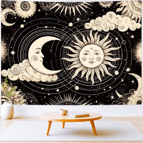 Delur Sun and Moon Tapestry Black Dark Boho Spiritual Burning Sun Tapestry Wall Hanging Mystic Aesthetic Cloud Abstract Star Psychedelic Headboard for Bedroom Living Room Home Decor (70.8" x 92.5") - color: Dark Sun and Moon, size: 70.8"L x 92.5"W