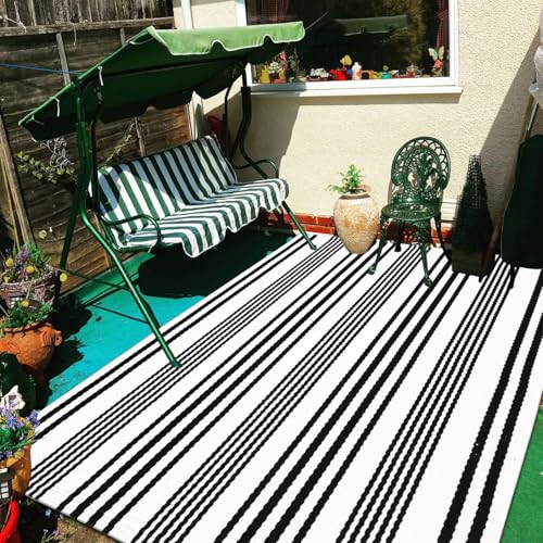LEEVAN 5'X8' Black and White Striped Woven Cotton Reversible Outdoor Rug - color: 1white Strip, size: 5 x 8 Feet