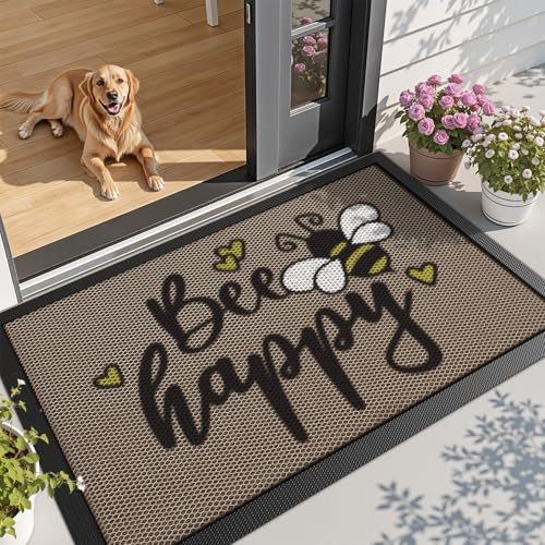 LUMI Outside Welcome Door Mat 36x59, Non-Slip Durable Rubber Easy Clean - color: Bee Happy, size: 36"x59"