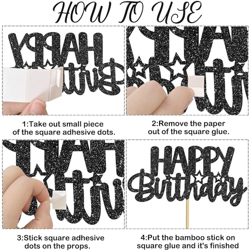 Birthday Centerpiece Sticks 12PCS Black Glitter Birthday Party Table Toppers Happy Birthday Sign Decorations Centerpieces for Anniversary Party Supplies