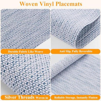 SHACOS Blue White Silver Thread Woven Placemats Set of 4 Vinyl Place Mats - color: Blue White Silver, size: Set of 4