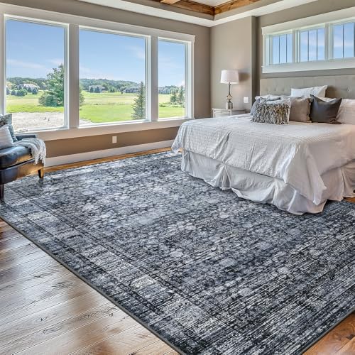 5x7 Area Rugs Washable Rugs for Living Room Bedroom Accent Vintage Floral Retro Large Traditional Floor Cover Throw Print Rug Distressed Non Slip Low Pile Indoor Carpet Office Bedside Black/Blue - color: Black/Blue, size: 5' x 7' (Rectangular)