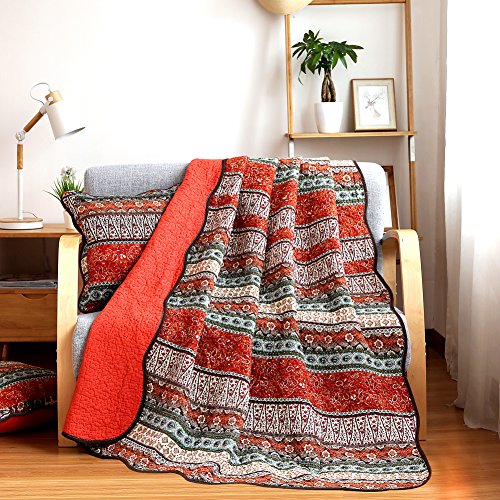 NEWLAKE Quilt Throw Blanket with Classical Floral Patchwork, Orange Jacquard, 60X78 Inch - color: Orange