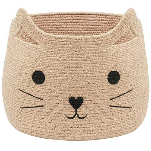 VK VK·LIVING Animal Baskets Large Woven Cotton Rope Storage with Cute Cat Design Laundry Organizer for Towels, Blanket, Toys, Clothes, Gifts – Cat Toy Box Pet or Baby Gift Baskets 15"Lx14H" - color: Jute, style: Jute Cat