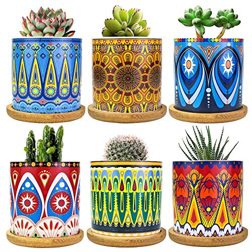 Mandala Succulent Pot with Drainage Hole & Bamboo Coaster, Small Plant Pots, Bohemian Ceramic Succulent Planter Pot for Small Plant-6 Pack - color: A Style