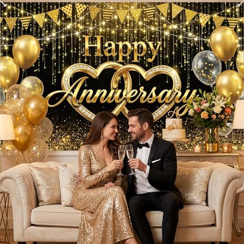 Happy Anniversary Black Gold Backdrop - Elegant Black and Gold Balloons Photography Background Poster for Wedding Anniversary Party Decorations Cake Table Banner 71x43 Inch
