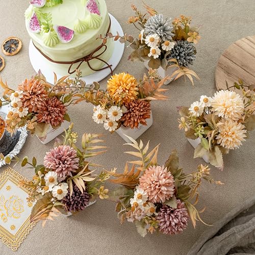 6PCS Artificial Fall Flowers with Ceramic Vases – Chrysanthemums & Daisies - color: Fall Multicolor