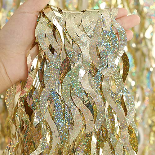 Champagne Gold Foil Fringe Backdrop - CYLMFC 3 Pack 3.3 ft x 6.6 ft Sparkle Tinsel Foil Fringe Backdrop Curtains for Birthday Anniversary Retirement Party Decorations - color: Champagne Gold