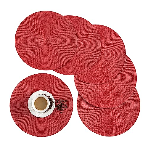Round Placemats, Crossweave Heat Resistant Classic Woven Round Place Mats Diameter 13.5 inch for Kitchen Table Set of 6 (Red) - color: Red