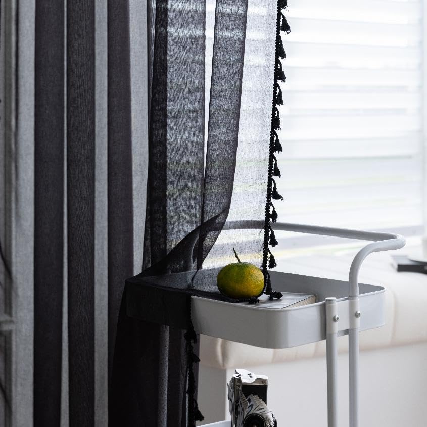 Black Sheer Curtains 63 inch Long, Fringed Edges and Textured Semi Sheer Curtains Large Window Treatments for Living Room/Bedroom, 2 Panels - color: Black, size: 52"W x 63"L (Pack of 2)