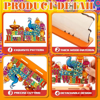 CroBlissful 6 Pcs Diwali Wooden Table Decor, Warm Diwali Washes Wooden Sign - style: Diwali