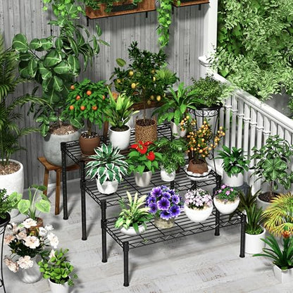 Xiofio 3 Tier Ladder Potted Multiple Plants for Indoor and Outdoor Plant Stands, Adjustable Shelves and Multifunctional Plant Racks suitable for living room balconies and gardens,(Black)