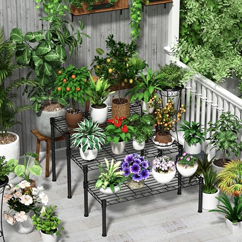 Xiofio 3 Tier Ladder Potted Multiple Plants for Indoor and Outdoor Plant Stands, Adjustable Shelves and Multifunctional Plant Racks suitable for living room balconies and gardens,(Black)