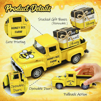 5.7in Bee Truck Decor with Sweet Honey Blocks, Yellow Metal Pickup - color: Yellow