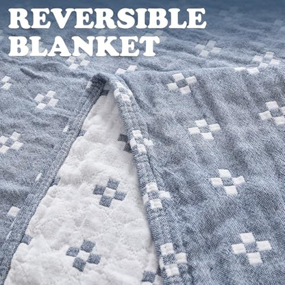 jinchan 100% Cotton Muslin Blanket Twin Boho Throw Blanket 60x80 Denim Blue - color: B. Cross Blue, size: 60"x80"
