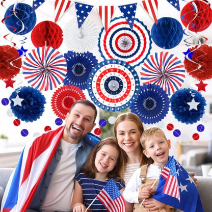 24 Pcs Patriotic 4th of July Decorations Kit, Paper Fans Pom Poms 8-16 in - color: Red, White and Blue