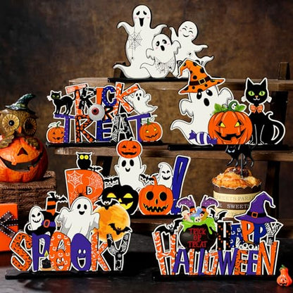 CroBlissful 6 Pcs Halloween Table Centerpieces, Pumpkin Ghost Wood Signs - style: Halloween
