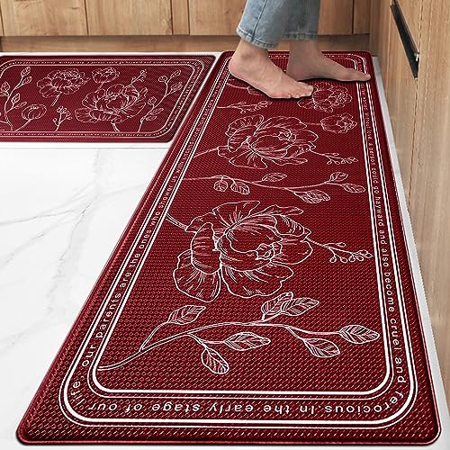 Kitchen Floor Mat Set of 2, Anti Fatigue Kitchen Mat 17"x47"+17"x29" - color: Red, size: 17"x47"+17"x29"
