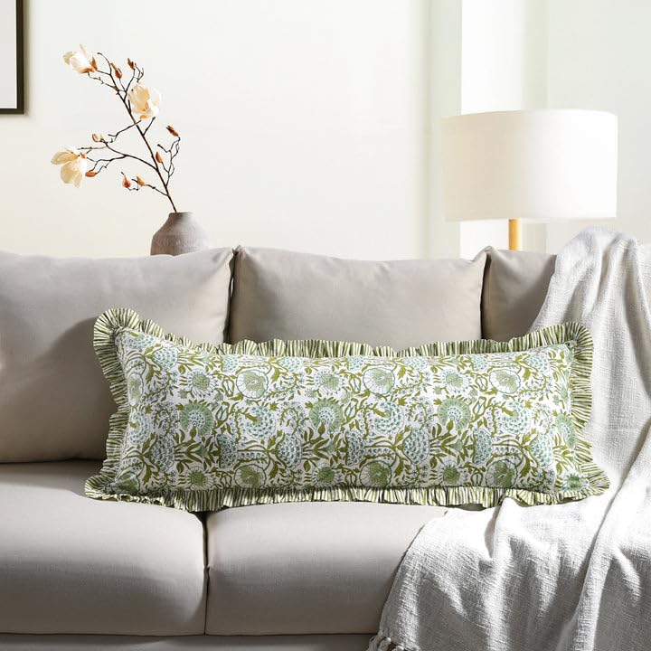 CPC Agate Green Block Print Ruffle Sham Pillow Cover 14x36 Inch, Pack of 1 - color: Agate Green, size: 36" x 14" (Pack of 1)