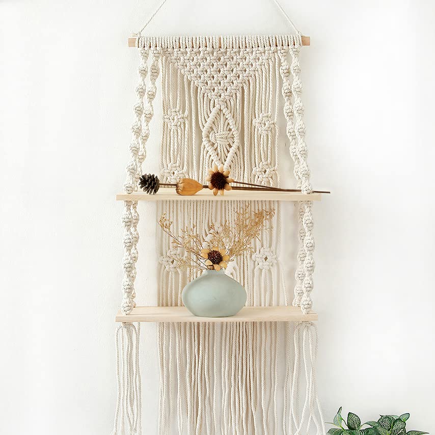Macrame Wall Hanging Shelf,Boho Woven Tassel Shelves Plant Holder - color: 2t