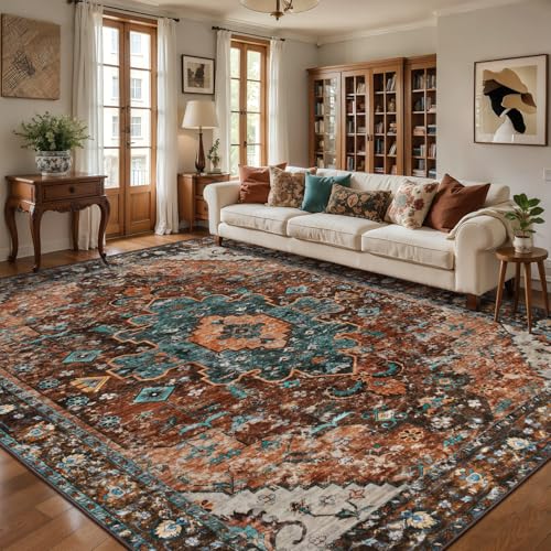 Ciicool 10x14ft Washable Soft Vintage Large Low-Pile Living Room Area Rug - color: Brick Red/Dull Teal, size: 10' x 14' (Rectangular)