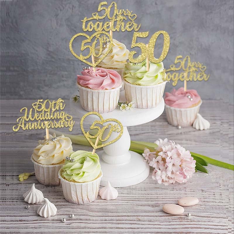 24Pcs 50th Wedding Anniversary Cupcake Toppers Gold Glitter Party Supplies