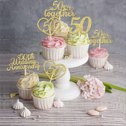24Pcs 50th Wedding Anniversary Cupcake Toppers Gold Glitter Party Supplies