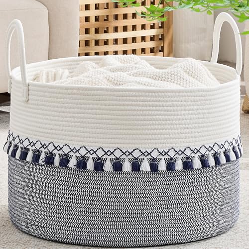 KAKAMAY Large Blanket Basket with Handles, Storage Basket for Living Room - color: White and Blue