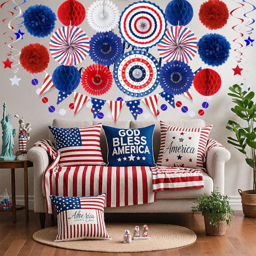24 Pcs Patriotic 4th of July Decorations Kit, Paper Fans Pom Poms 8-16 in - color: Red, White and Blue
