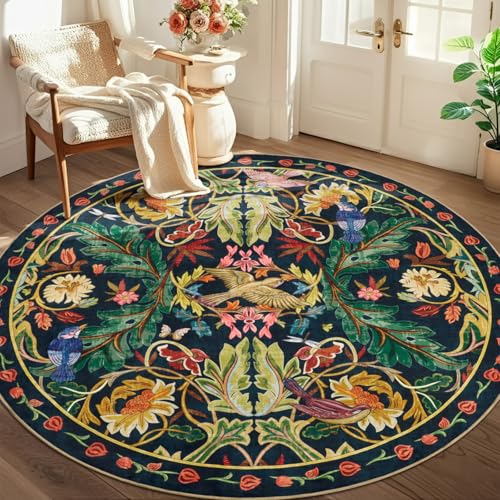 nesrt Washable Round Area Rugs 6ft for Living Room, Soft Non-Slip Boho Circle Kids Bedroom Rug, Low Pile Floral Woodland Birds Throw Carpet for Dining Room Nursery Playroom (Dark Green) - color: Dark Green, size: 6' (Round)
