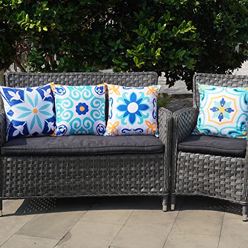 ONWAY Outdoor Boho Pillow Covers Waterproof 18x18 Set of 4 Floral Farmhouse Decorative Outdoor Throw Pillows for Bench Couch Patio Furniture Decorations - color: Blueyellow, size: 18" x 18" (Pack of 4)