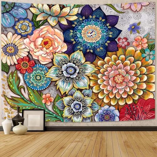 Neasow Colorful Floral Tapestry Wall hanging, Bright Boho Fabric Blossom Tapestries, Multi Color Tapestry for Bedroom Home Hippie Wall Decor 36×48 inch - size: 48"L x 36"W