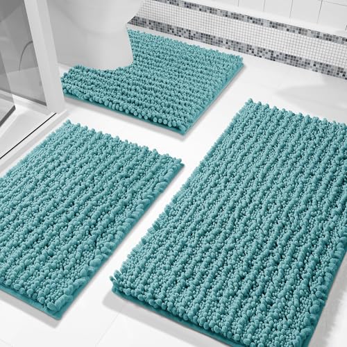 Yimobra Bathroom Rug Set 3 Piece, Super Absorbent Bath Mat Set, Teal Blue - color: Teal Blue, size: 24"x17" + 24"x20" + 30"x20"