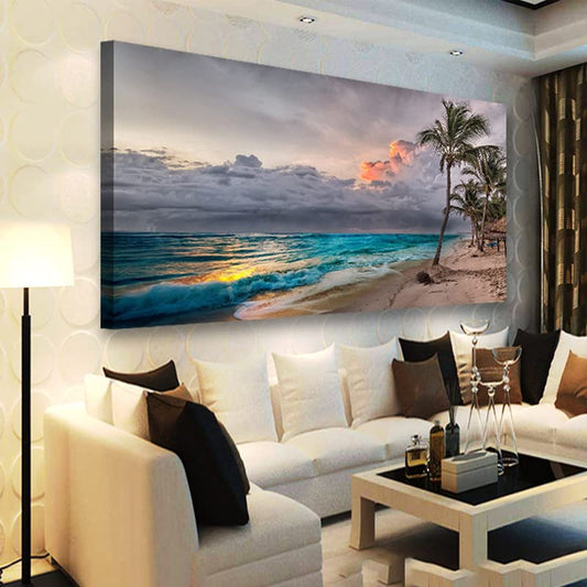 Beach Pictures Wall Art Canvas Prints Seascape Poster Bathroom Decor Blue Ocean Green Tree Painting for Living Room Bedroom Home Kitchen Decoration 20x40 Wooden Frame Natural Landscape Artwork - color: Blue Ocean and Green Tree Grey Sky, size: 40"L x 20"W