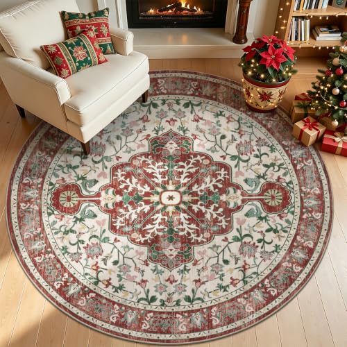 U'Artlines Red Christmas Round Area Rug 6ft Boho Washable Holiday Carpet - color: Christmas Red, size: 6' (Round)