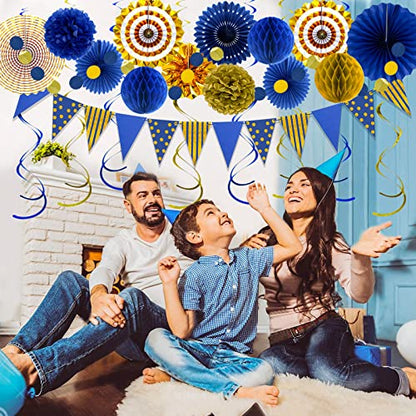 24 Pcs Blue Gold Party Decorations, Paper Fans Pom Poms Banner - color: Blue