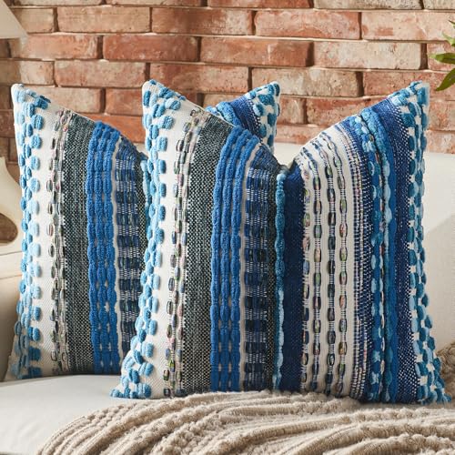 AmHoo Set of 2 Chenille Tufted Striped Textured Boho Throw Pillow Covers Aesthetic Woven Decorative Pillow Case for Couch Bed Sofa Bedroom Modern Funky 18 x 18-Inch Sodalite Blue - color: Sodalite Blue, size: 18" x 18" (Pack of 2)
