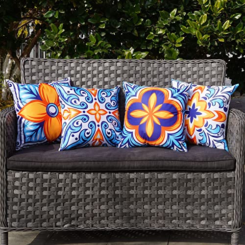 ONWAY Outdoor Pillow Covers Waterproof 16x16 Set of 4 Floral Boho Decorative Throw Cushion Cover Farmhouse Pillows for Bench Couch Patio Furniture - color: Blueorange, size: 16" x 16" (Pack of 4)