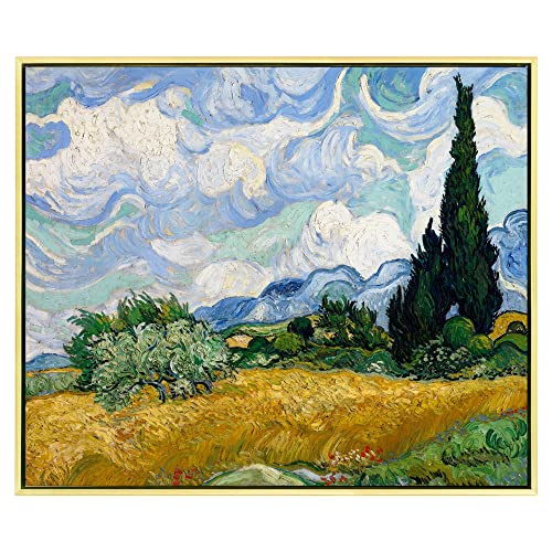 Wieco Art Framed Canvas Art Wheat Field with Cypresses by Van Gogh Impressionist Landscape oil Paintings Canvas Prints Artwork Wall Art for Living Room Home Office Decorations - size: 24"L x 20"W