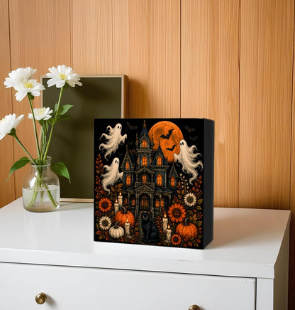 Halloween Gothic Castle Wooden Box Decorative Sign 5x5 Inch - color: L