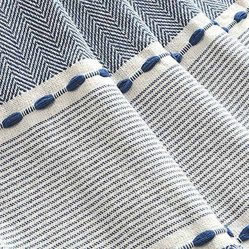 Lush Decor Herringbone Stripe Woven Tassel Yarn Dyed Cotton Tassel Throw Blanket 50" W x 60" L Navy & White - Striped Throw Blankets - Blue Couch Blanket - color: Herringbone Stripe Navy