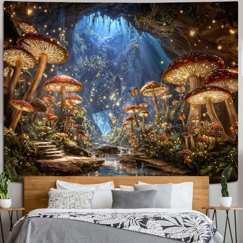 Lifeella Cave Mushroom Tapestry, Fantasy Cavern Wall Decor, Aesthetic Landscape Nature Art for Bedroom Living Room, 60x80 inches - color: Cave Mushroom, size: 80"L x 60"W