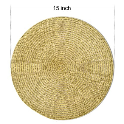FunWheat Round Braided Placemats Set of 6 Table Mats for Dining Tables Woven Washable Non-Slip Place mats 15 inch(Shining Gold, 6pcs) - color: Gold Shining, size: Set of 6