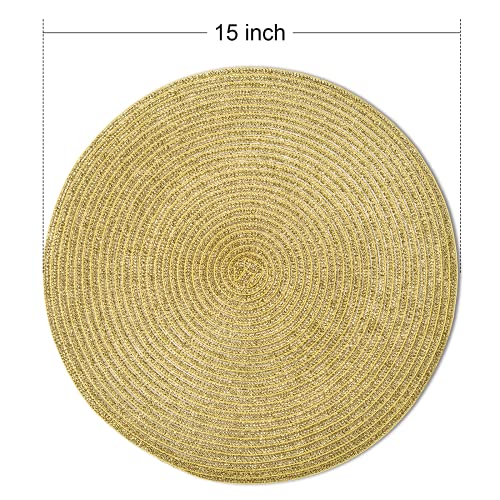 FunWheat Round Braided Placemats Set of 6 Table Mats for Dining Tables Woven Washable Non-Slip Place mats 15 inch(Shining Gold, 6pcs) - color: Gold Shining, size: Set of 6