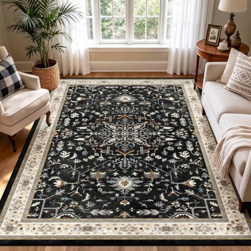 nesrt Boho Washable Area Rug 5x7, Black Vintage Geometric Low Pile Non-Slip Living Room Rug, Soft Faux Wool Bedroom Carpet for Dining Room Office Farmhouse Indoor Decor - color: Black, size: 5' x 7' (Rectangular)