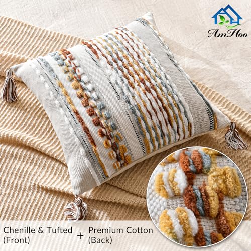 AmHoo Chenille Striped Textured Boho Throw Pillow Covers Aesthetic with Tassels Woven Decorative Pillow Case for Couch Bed Sofa Bedroom Modern Funky 18 x 18-Inch Brown - color: Brown, size: 18" x 18" (Pack of 1)