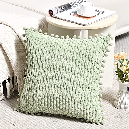 Fancy Homi Set of 2 Sage Green Decorative Throw Pillow Covers 20x20 Inch with Pom-poms for Couch Bed Sofa, Modern Farmhouse Boho Home Decor, Soft Plush Corduroy Cute Cushion Case 50x50 cm - color: Sage Green, size: 20" x 20" (Pack of 2)