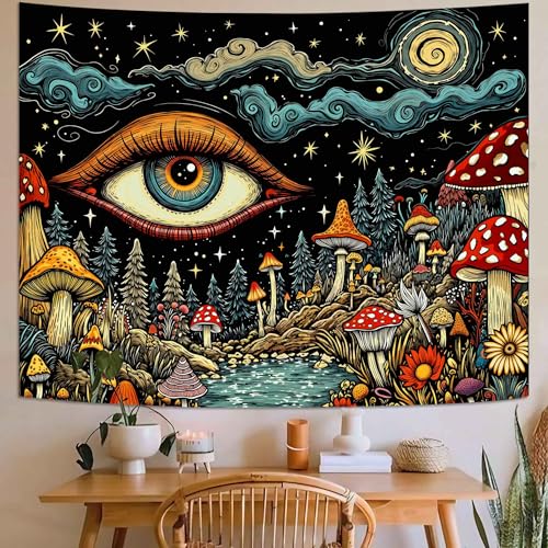 Lifeel Moshroom Hippie Tapestry, Mystic Boho Aesthetic Moon Star Eye Tapestries for Bedroom Living Room Dorm - color: Blue, size: 80"L x 60"W